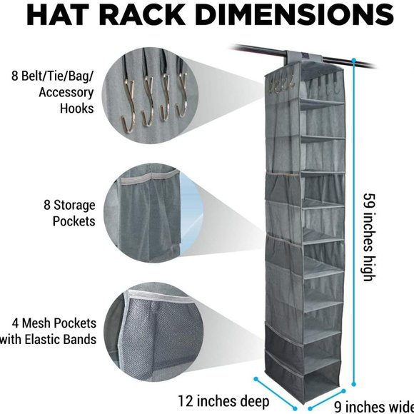 10 Shelf Hanging Closet Hat Organizer for Hat Storage & Belt Side Hooks - Picture 8 of 8